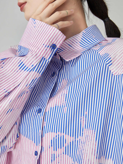 Blue Striped Printed Shirt Women's Loose Top