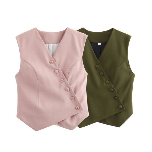 All-match Solid Color V-neck Single Row Oblique Asymmetric Cardigan Vest