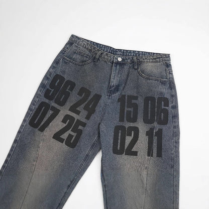 High Street American Washed Distressed Letters Printed Jeans For Men And Women