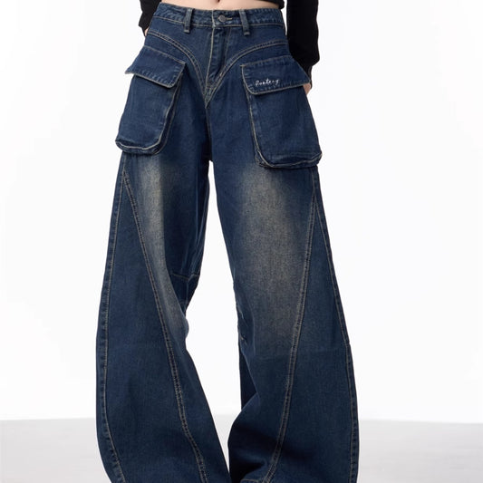 Women's Wide-leg Jeans With Pockets High Waist Loose Trousers