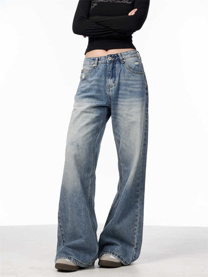 Retro Washed Distressed High Waist Jeans Women's, Blue Trousers