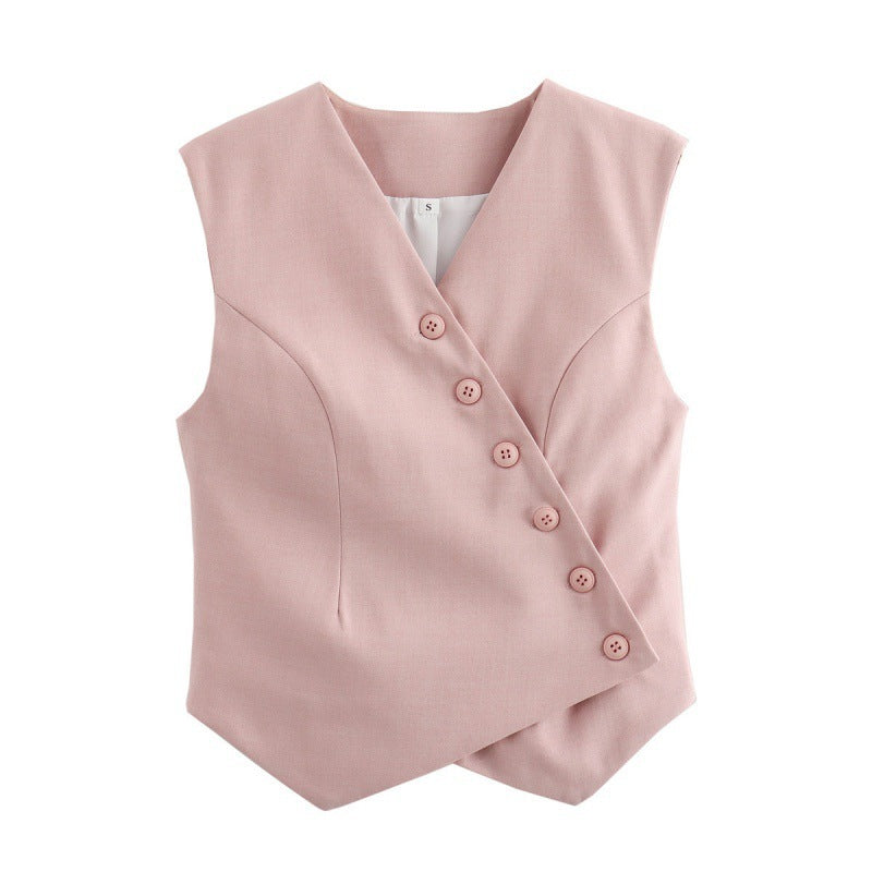 All-match Solid Color V-neck Single Row Oblique Asymmetric Cardigan Vest