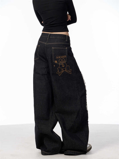 Retro Alphabet Embroidered Jeans Women's Loose Straight Wide-leg Pants