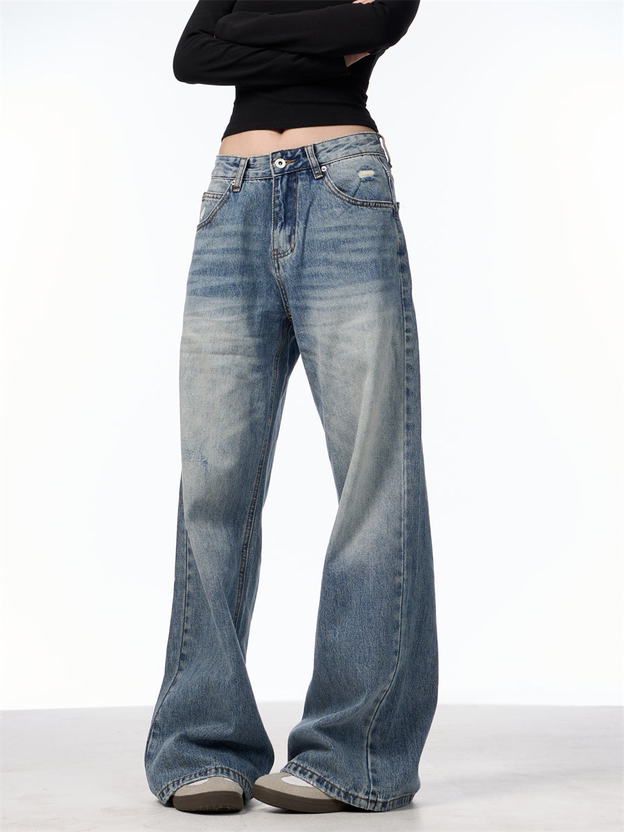 Retro Washed Distressed High Waist Jeans Women's, Blue Trousers