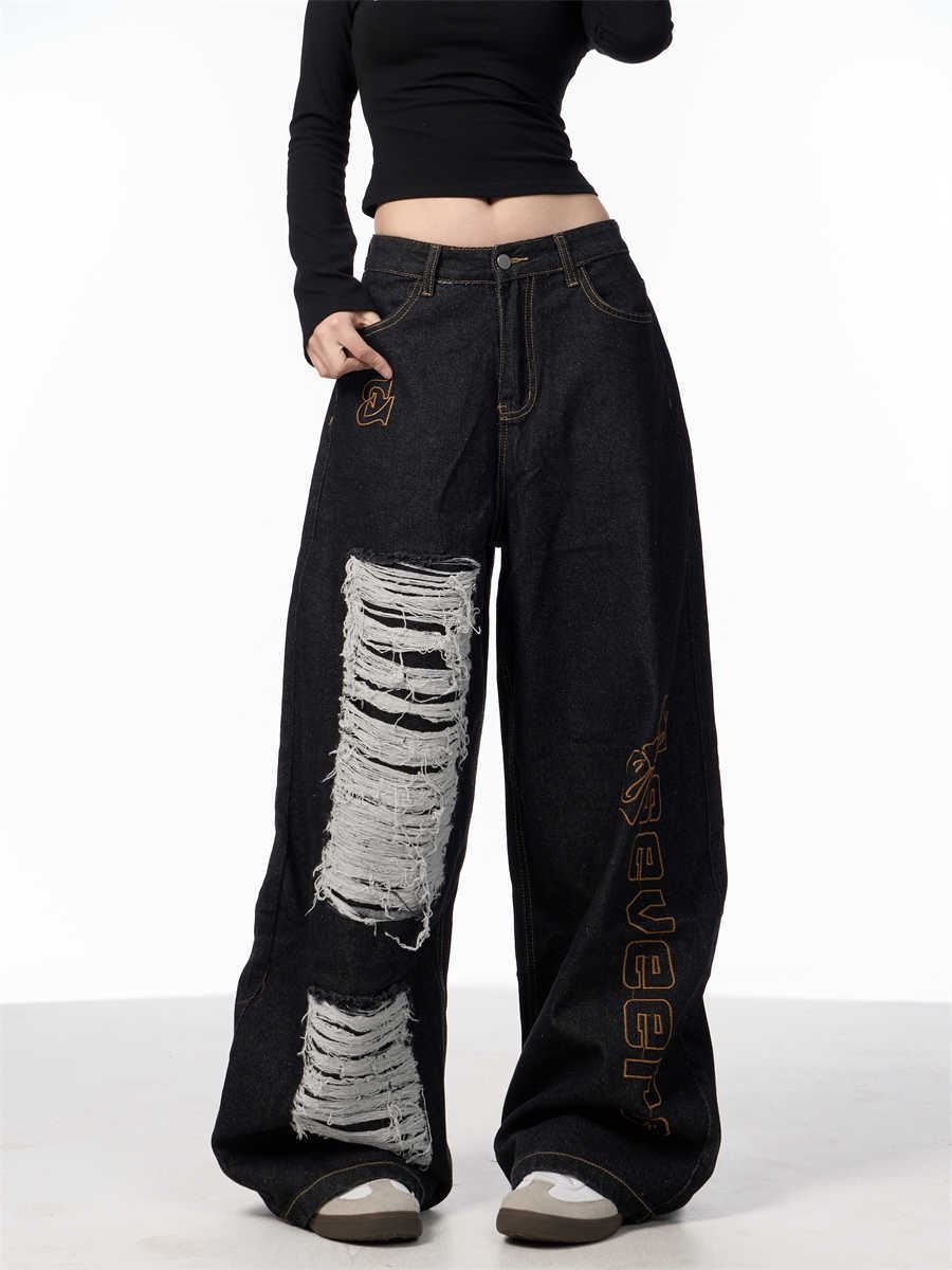 Retro Alphabet Embroidered Jeans Women's Loose Straight Wide-leg Pants