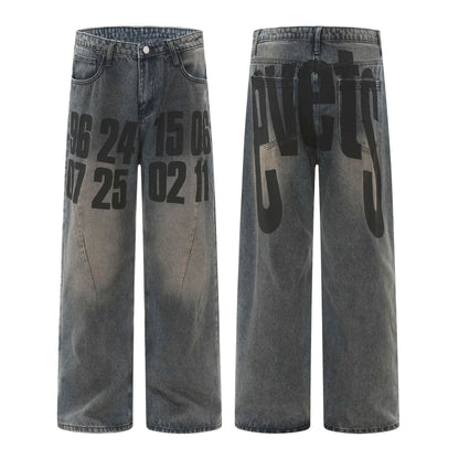 High Street American Washed Distressed Letters Printed Jeans For Men And Women