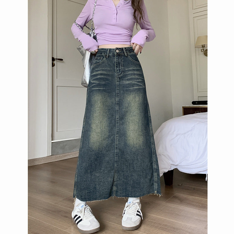 Retro High Waist Raw Hem Denim Skirt