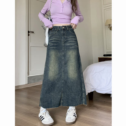 Retro High Waist Raw Hem Denim Skirt