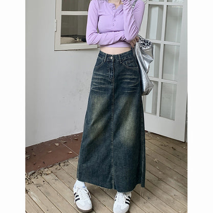 Retro High Waist Raw Hem Denim Skirt