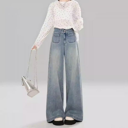 American Retro Light Blue Slimming And Wide Leg Jeans