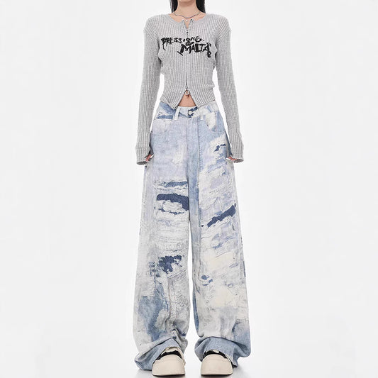 Autumn And Winter Washed Tie-dyed High Waist Slimming And Wide Leg Jeans