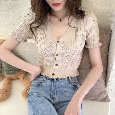 Retro V-neck Short Tup Cardigan Hollow Out Thin T-shirt