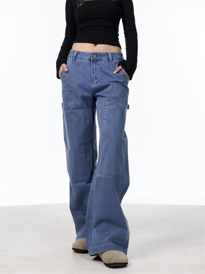 Loose Straight Retro High Street Pocket Design Jeans For Women