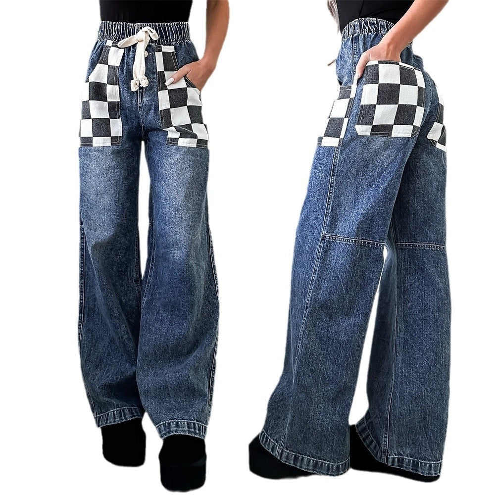 Loose Plaid Contrast Color Women's Denim Trousers