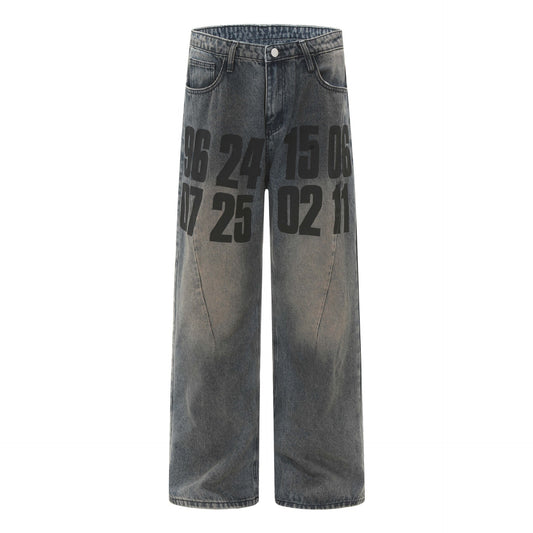 High Street American Washed Distressed Letters Printed Jeans For Men And Women