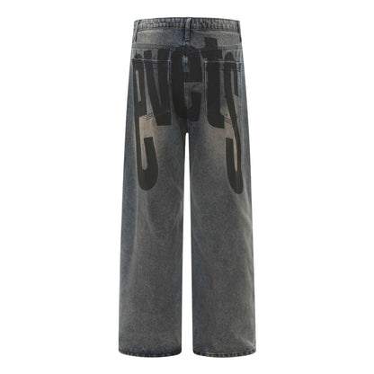 High Street American Washed Distressed Letters Printed Jeans For Men And Women